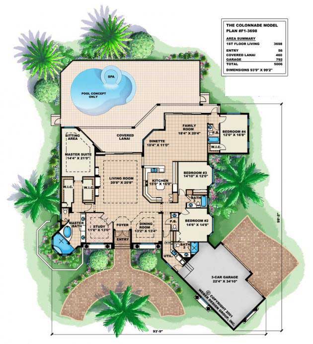 Floor Plan First Story of Florida Style Plan #175-1002