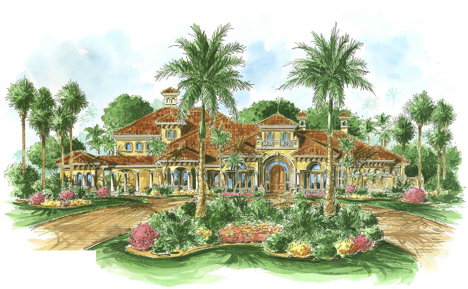 This image shows the front elevation of these Mediterranean Houseplans.