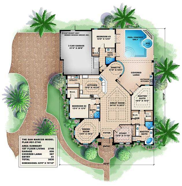 Floor Plan First Story of Florida Style Plan #175-1016