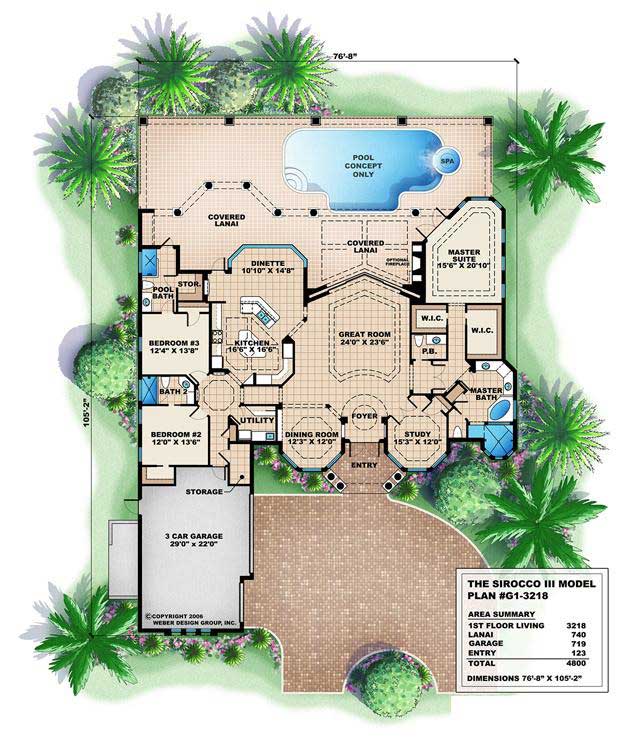 Floor Plan First Story of Florida Style Plan #175-1021