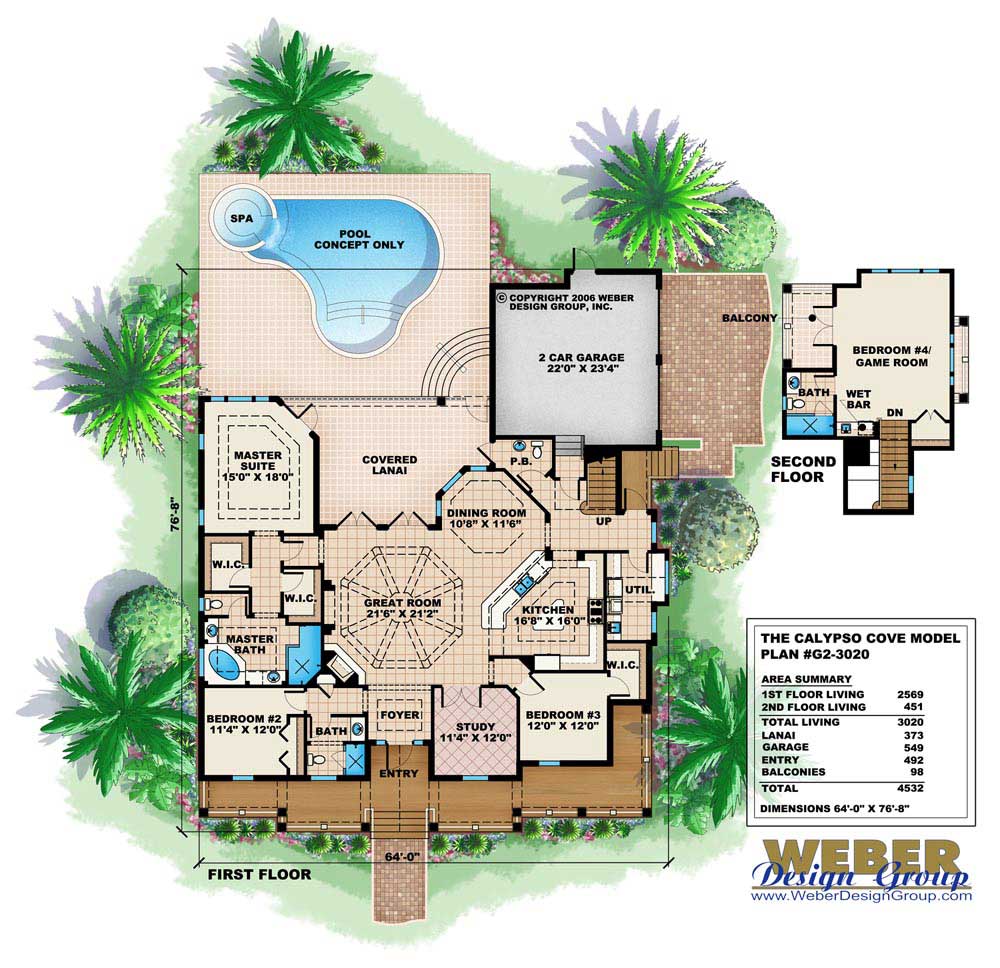 Floor Plan First Story of Florida Style Plan #175-1024