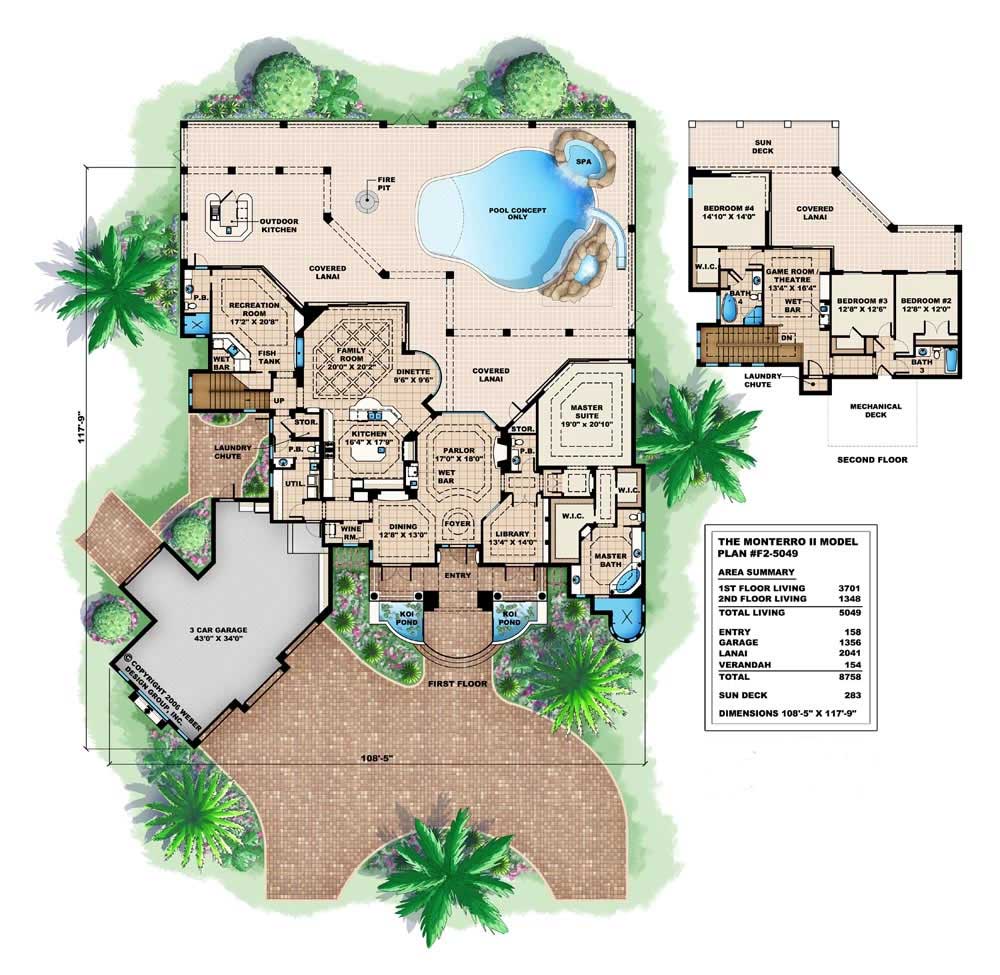 Floor Plan First Story of Florida Style Plan #175-1027