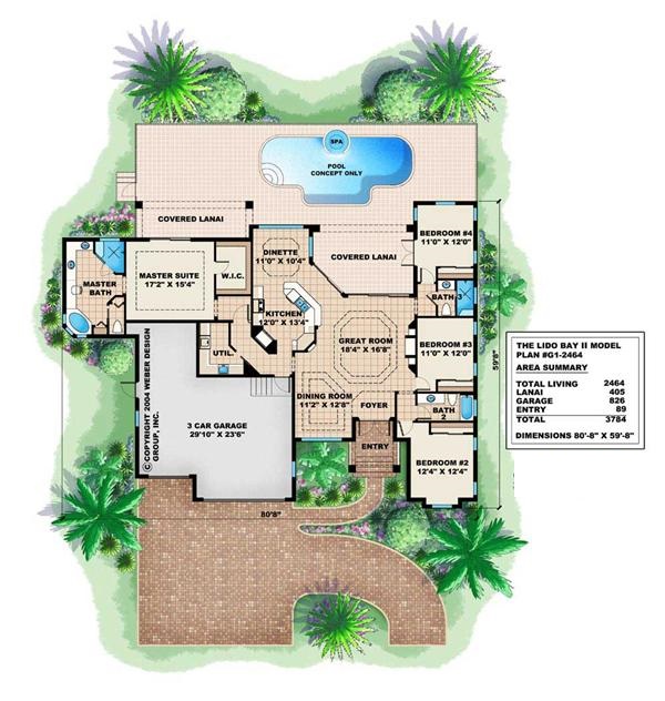 Floor Plan First Story of Florida Style Plan #175-1031