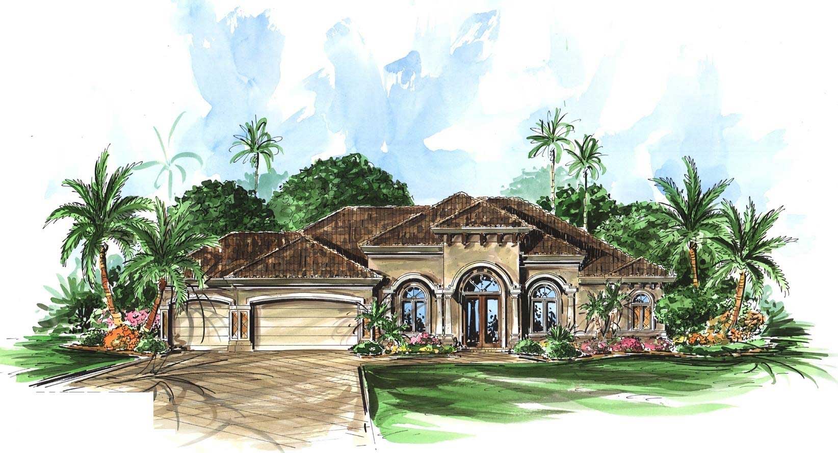 This image shows the front elevation of these Tuscan Houseplans.