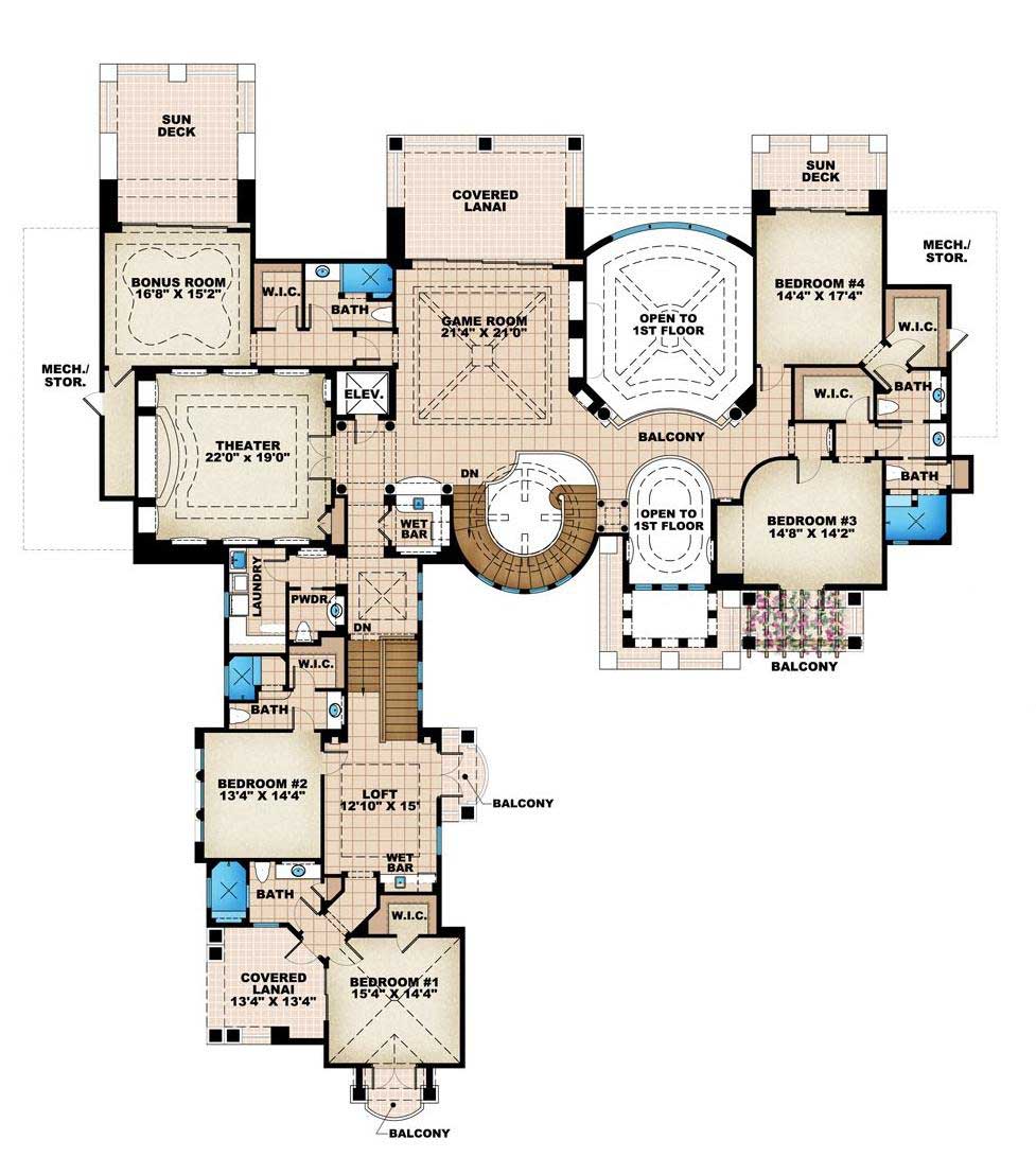 Floor Plan Second Story of Luxury Plan #175-1035