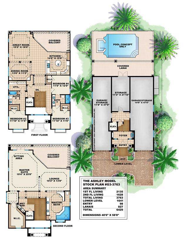 Floor Plan First Story of Florida Style Plan #175-1036