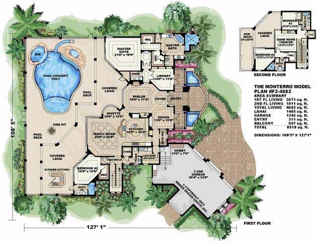 Floor Plan First Story of Florida Style Plan #175-1051