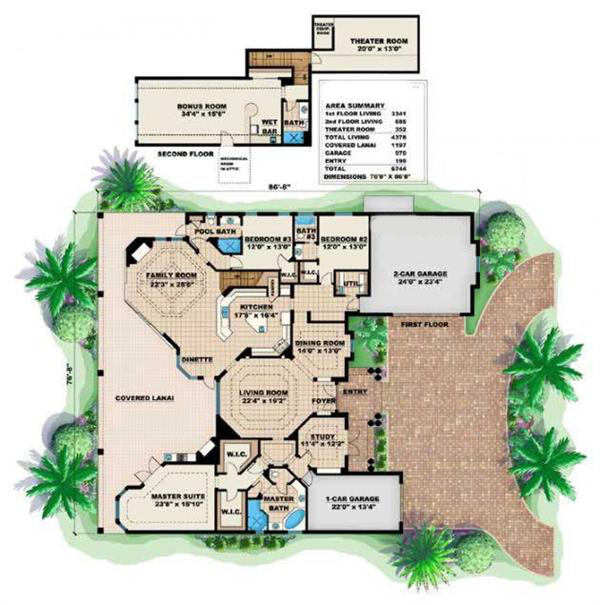Floor Plan First Story of Florida Style Plan #175-1053
