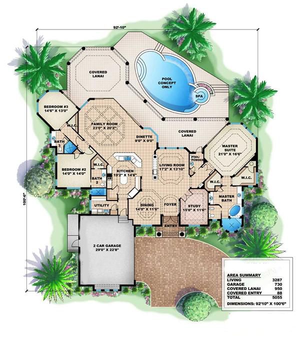 Floor Plan First Story of Florida Style Plan #175-1056