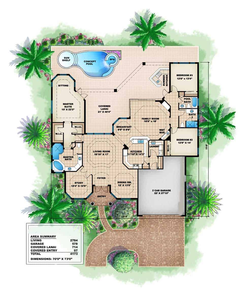 Floor Plan First Story of Florida Style Plan #175-1057