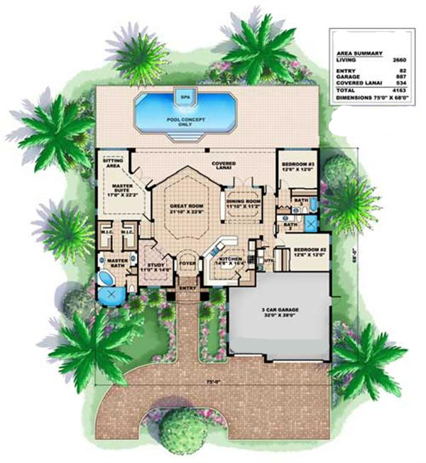 Floor Plan First Story of Florida Style Plan #175-1059