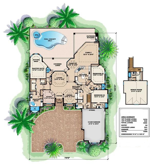 Floor Plan First Story of Florida Style Plan #175-1071