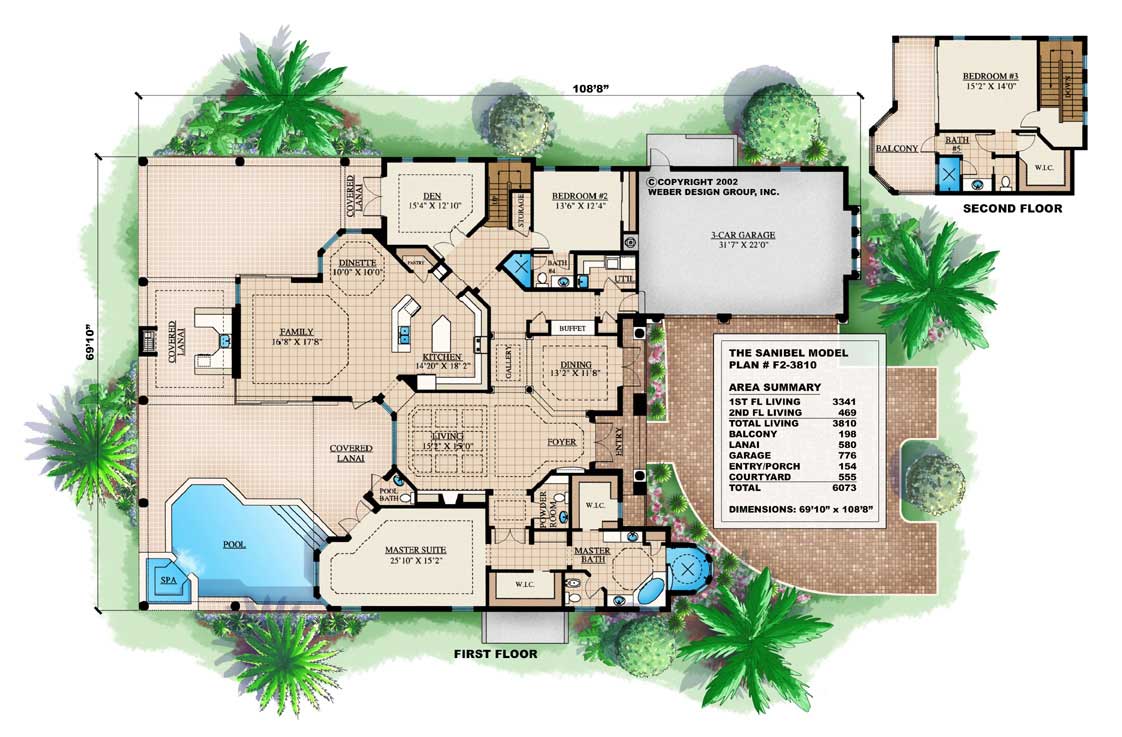 Floor Plan First Story of Florida Style Plan #175-1075