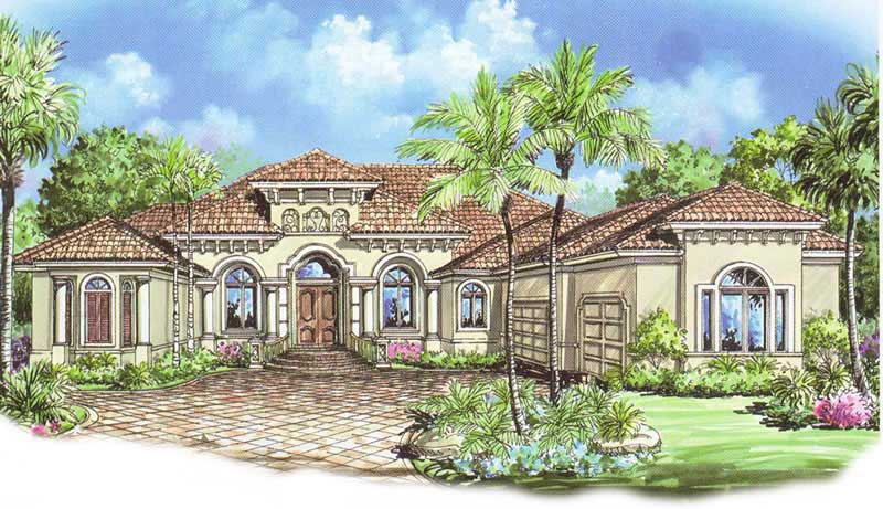 This image shows the front elevation for these Mediterranean House Plans.