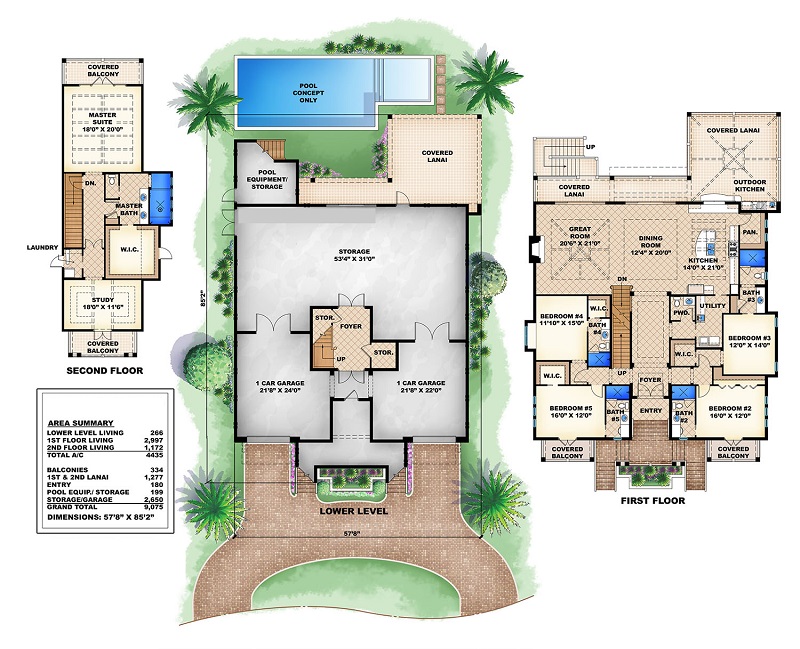 Floor Plan First Story of Florida Style Plan #175-1088