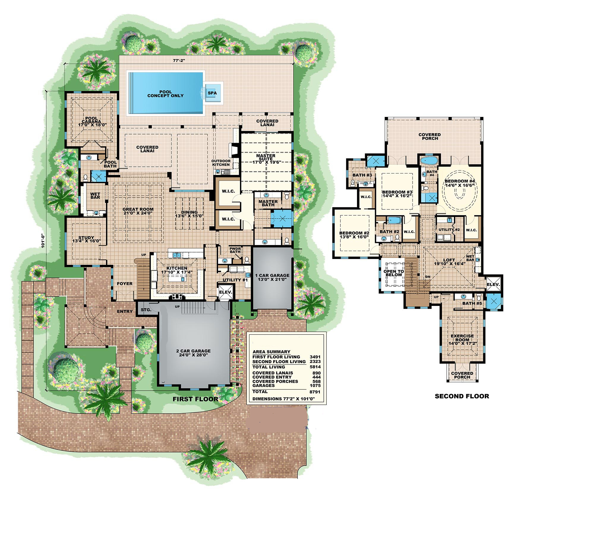Floor Plan First Story of Florida Style Plan #175-1092