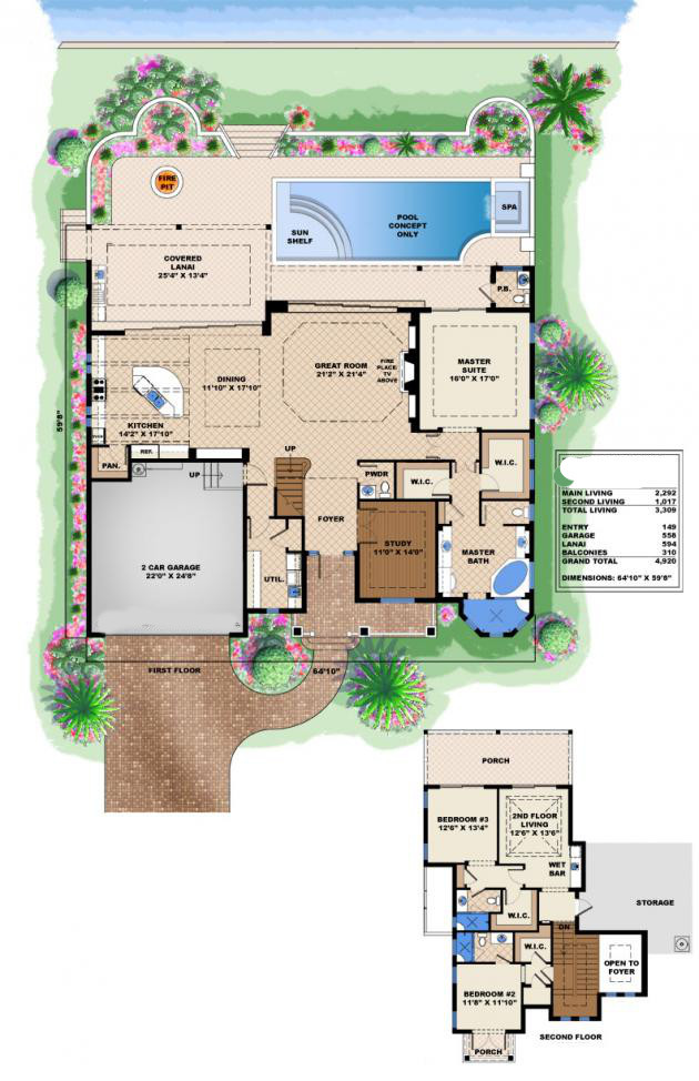 Floor Plan First Story of Florida Style Plan #175-1095