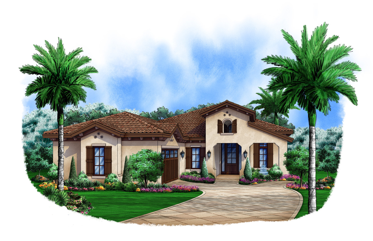Front elevation of Spanish home (ThePlanCollection: House Plan #175-1103)