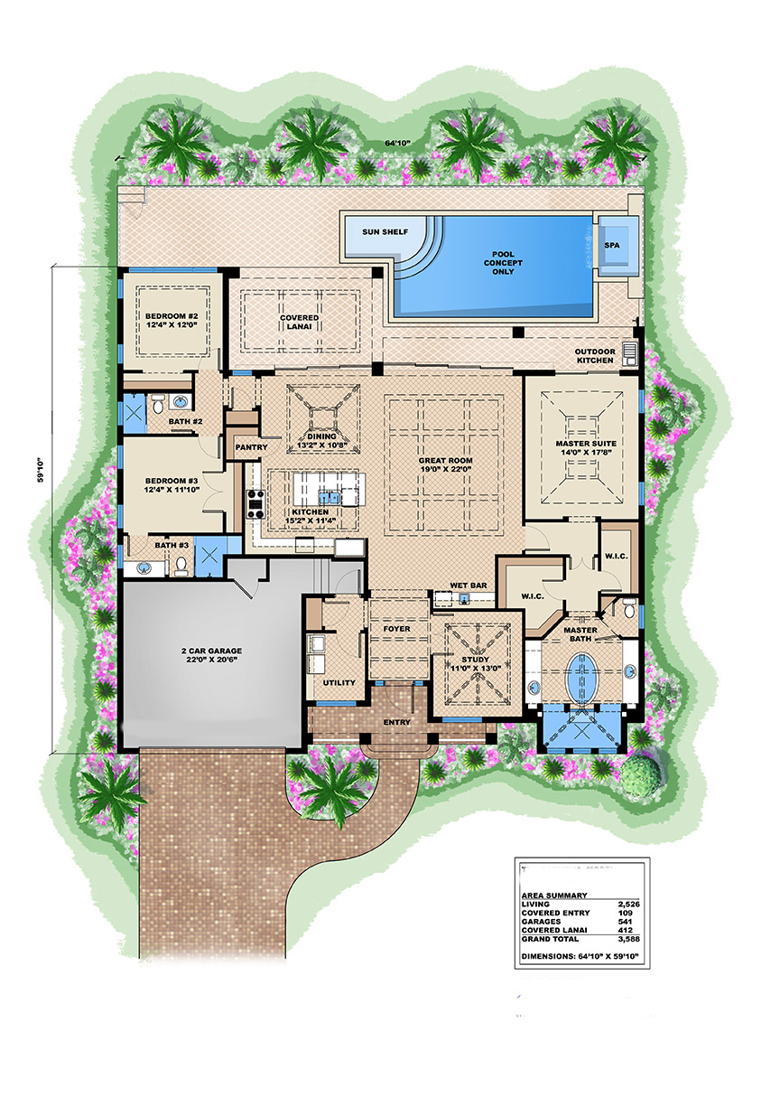 Floor Plan First Story of Florida Style Plan #175-1104