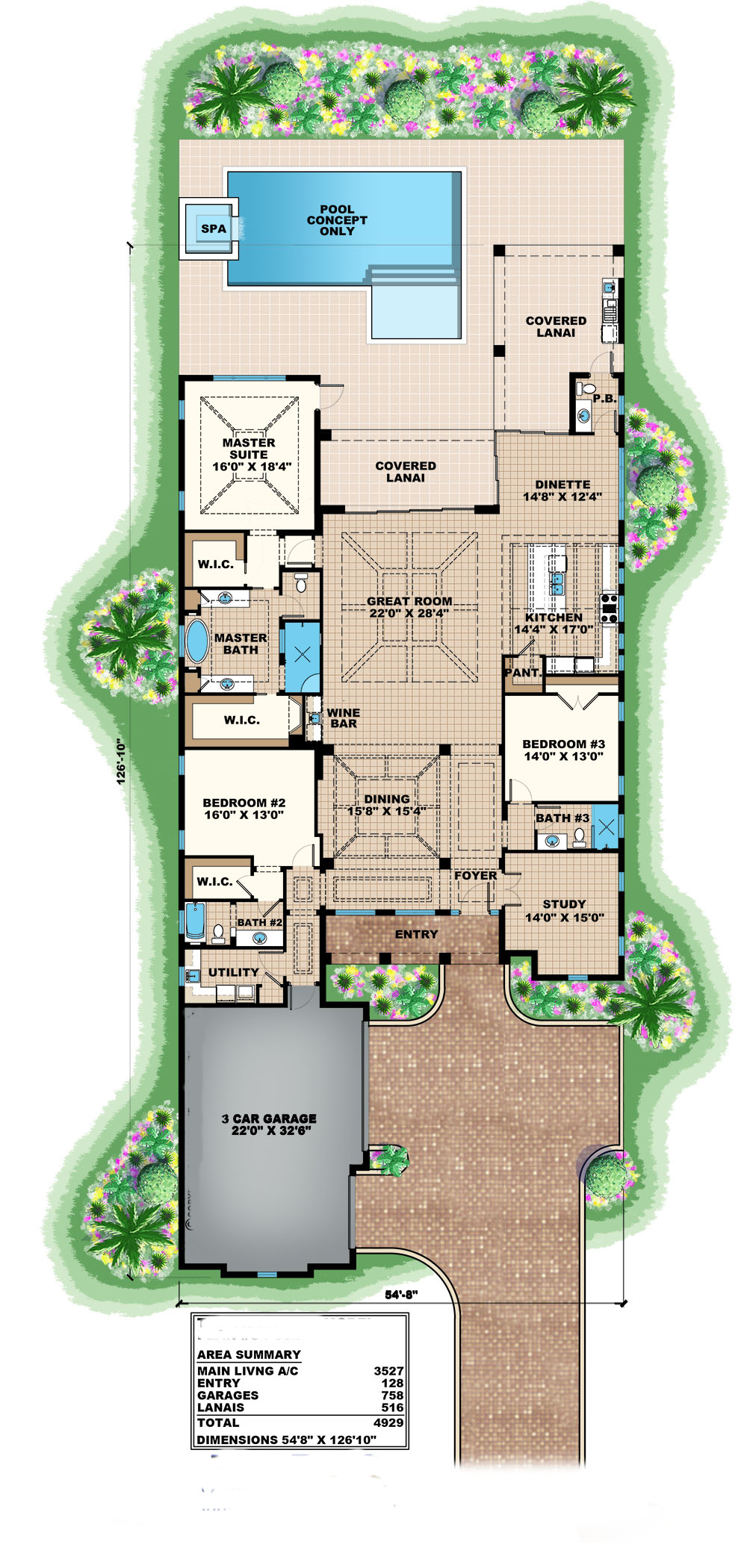 Floor Plan First Story of Florida Style Plan #175-1111