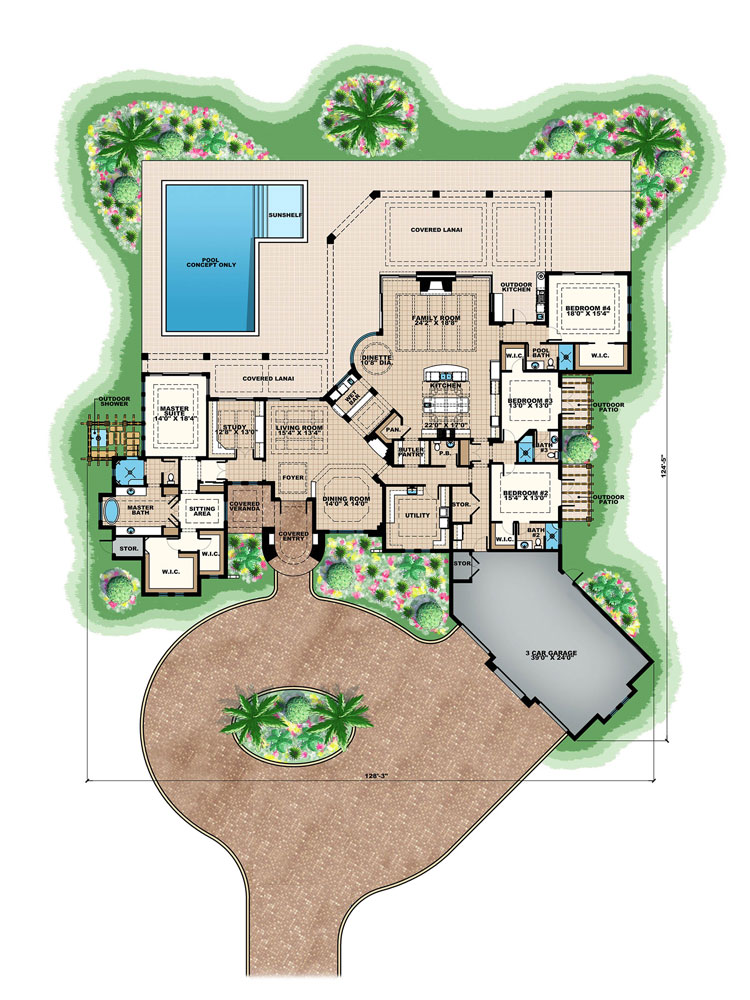 Floor Plan First Story of Spanish Plan #175-1118