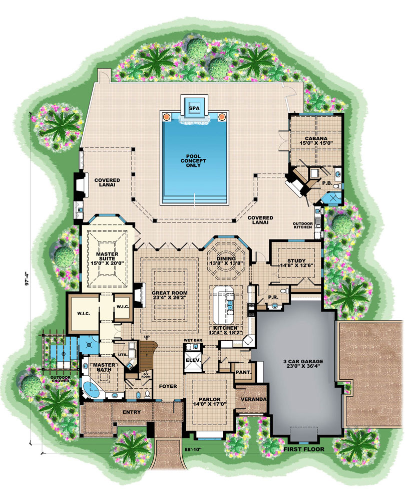 Floor Plan First Story of French Plan #175-1124