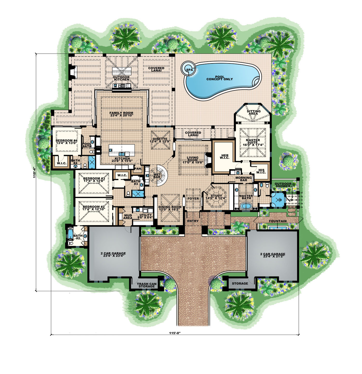 Floor Plan First Story of Florida Style Plan #175-1131