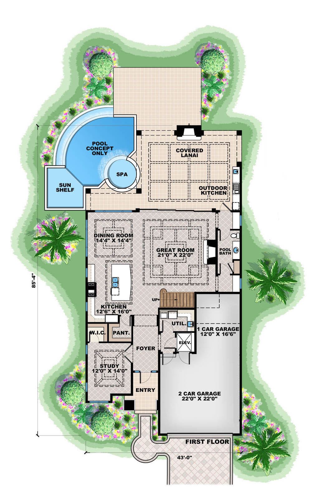 Floor Plan First Story of Beachfront Plan #175-1137