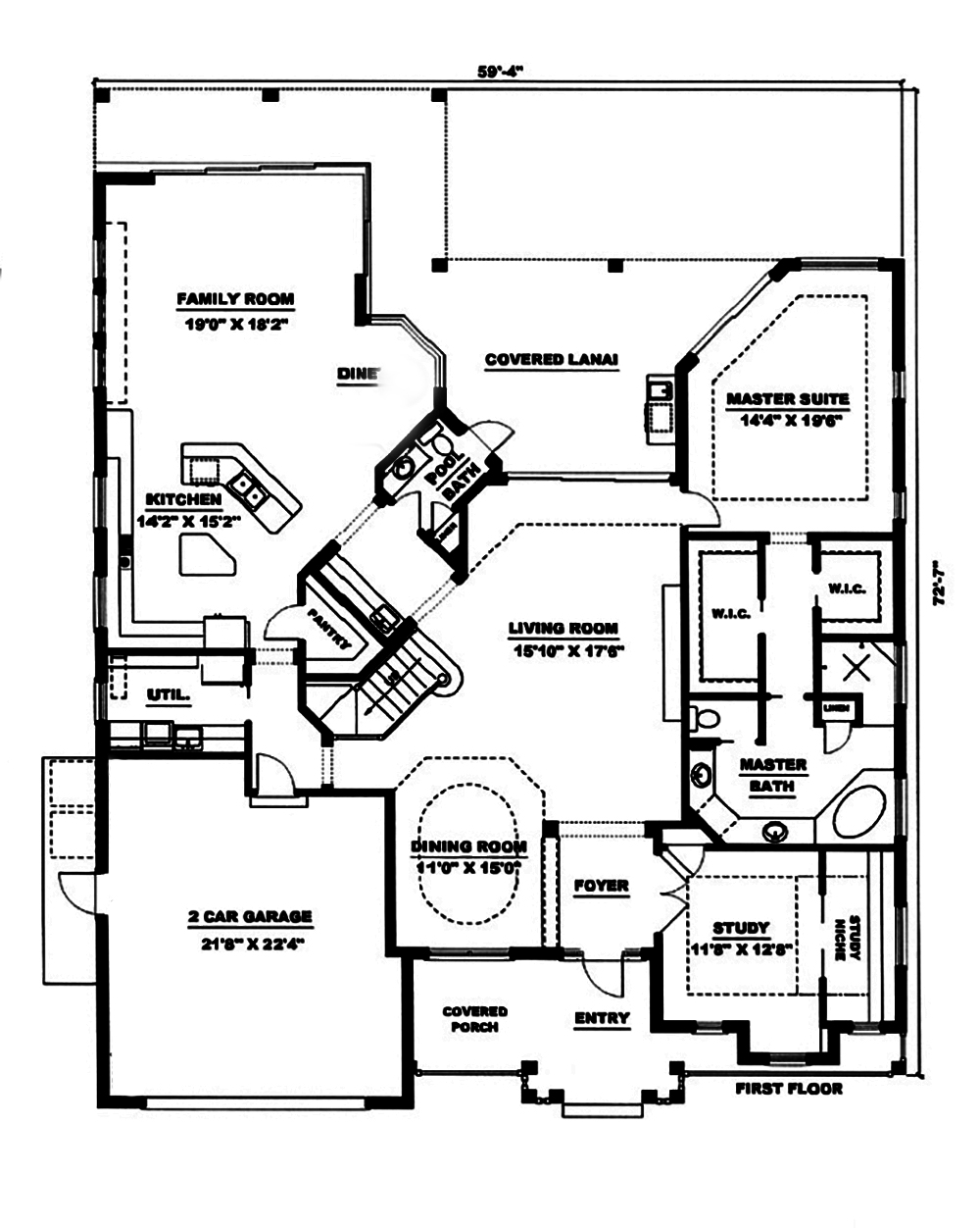 Floor Plan First Story of Florida Style Plan #175-1159