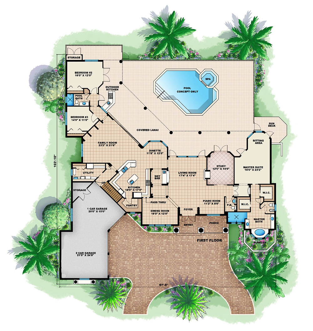 Floor Plan First Story of Mediterranean Plan #175-1164