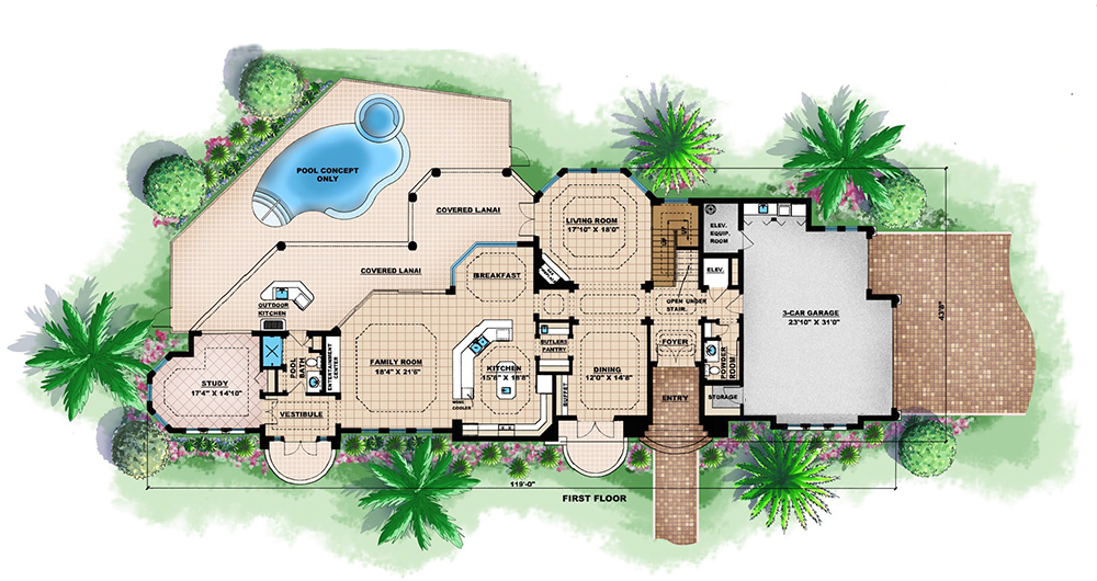 Floor Plan First Story of Mediterranean Plan #175-1174