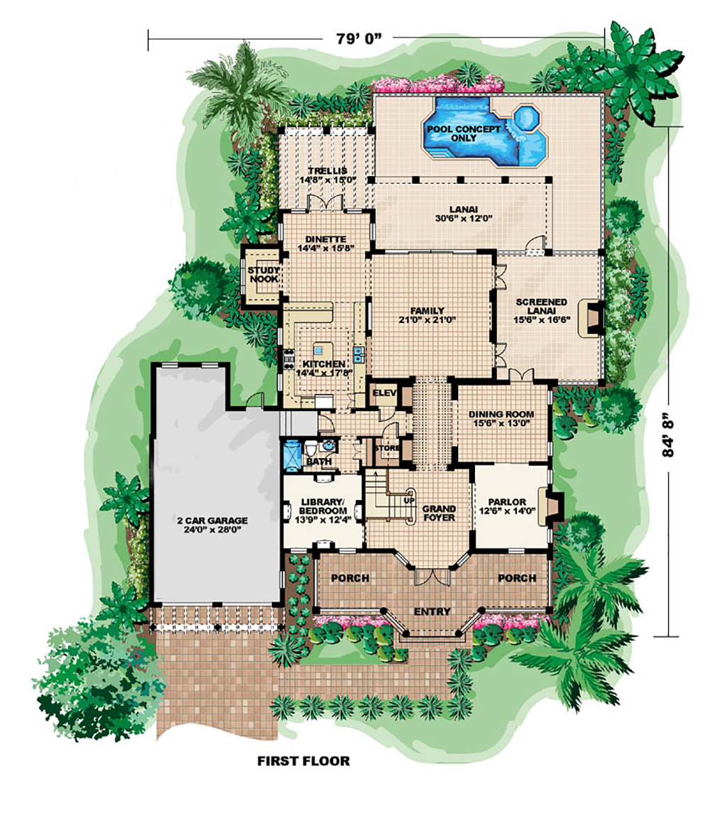 Floor Plan First Story of Florida Style Plan #175-1177