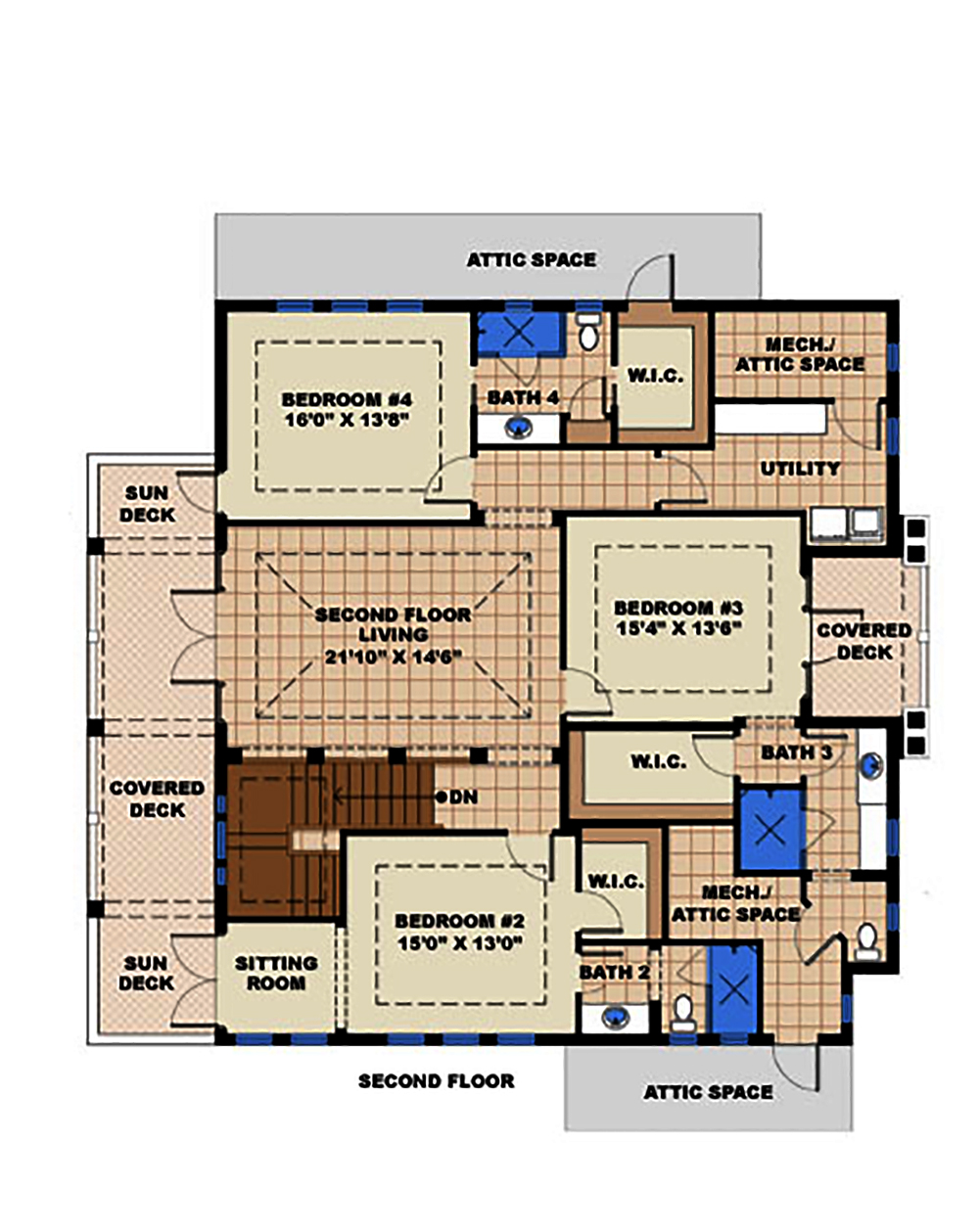 Floor Plan Second Story of Florida Style Plan #175-1180