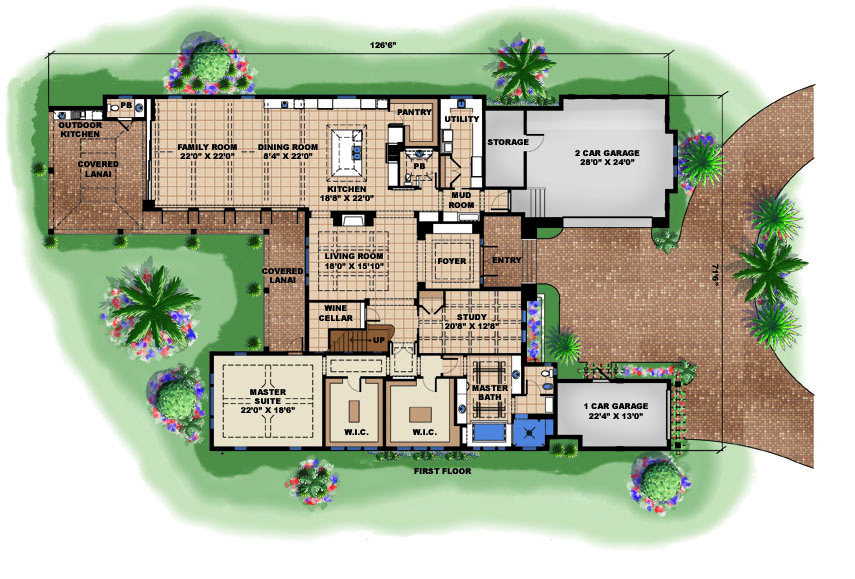 Floor Plan First Story of Florida Style Plan #175-1180