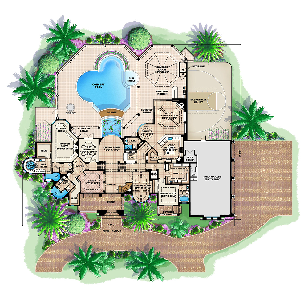Floor Plan First Story of Mediterranean Plan #175-1182