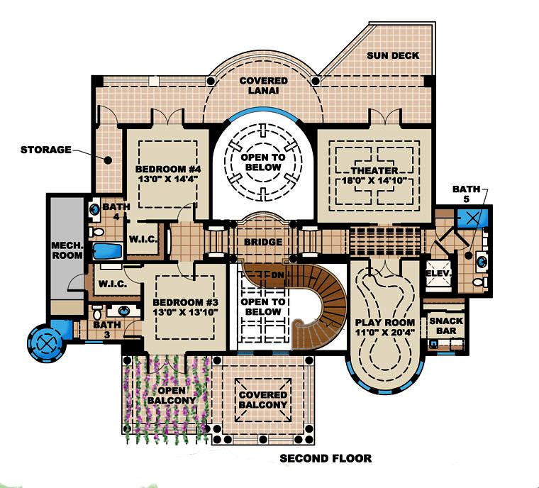 Floor Plan Second Story of Mediterranean Plan #175-1182