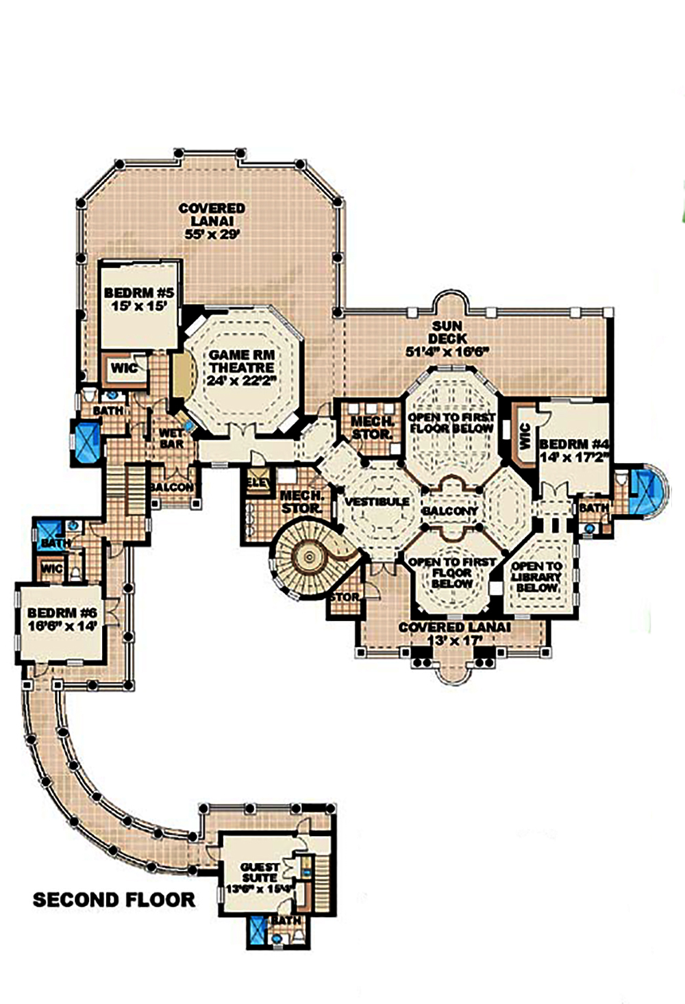 Floor Plan Second Story of Mediterranean Plan #175-1187