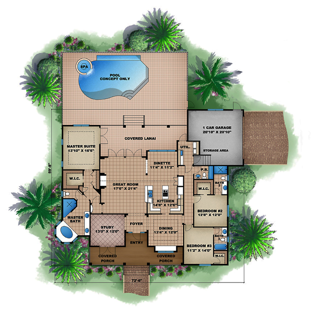 Floor Plan First Story of Florida Style Plan #175-1208