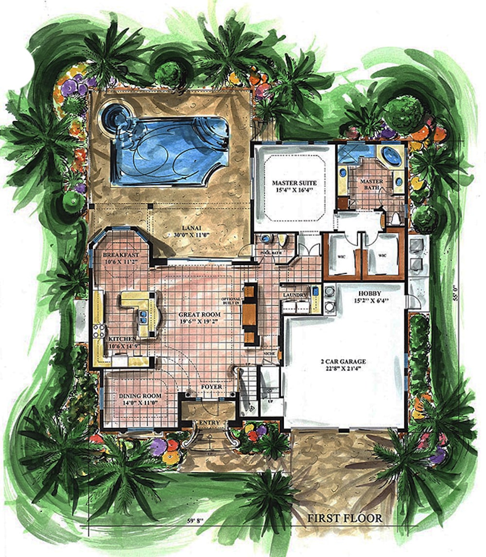 Floor Plan Main Level of Mediterranean Plan #175-1222