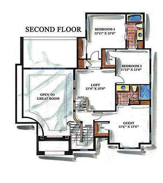 Floor Plan Second Story of Mediterranean Plan #175-1222