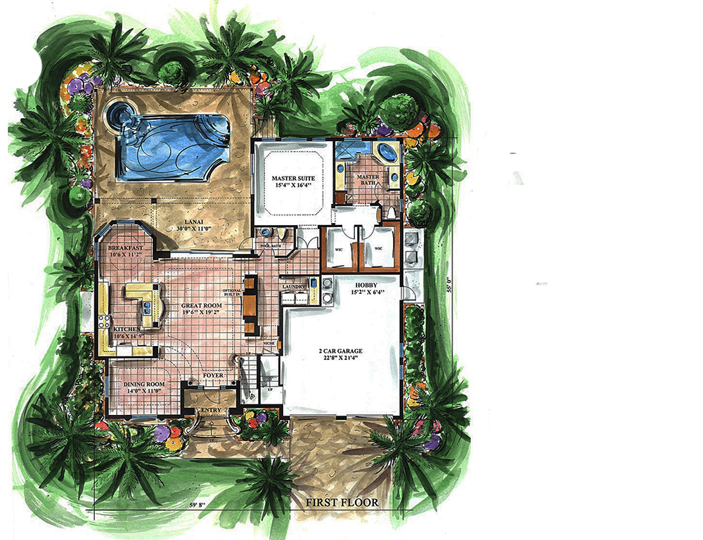Floor Plan First Story of Florida Style Plan #175-1223
