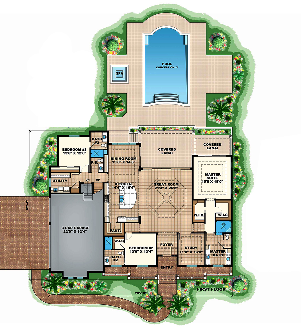 Floor Plan First Story of Florida Style Plan #175-1230