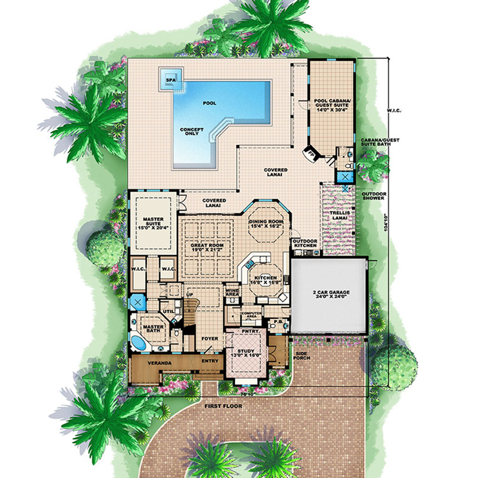Floor Plan First Story of Florida Style Plan #175-1235