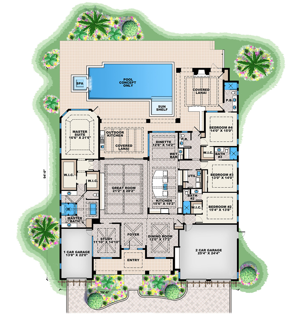 Floor Plan First Story of Florida Style Plan #175-1258