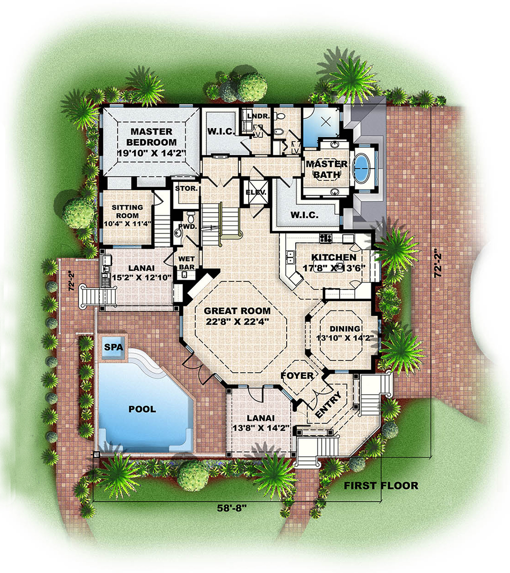 Floor Plan First Story of Beachfront Plan #175-1260