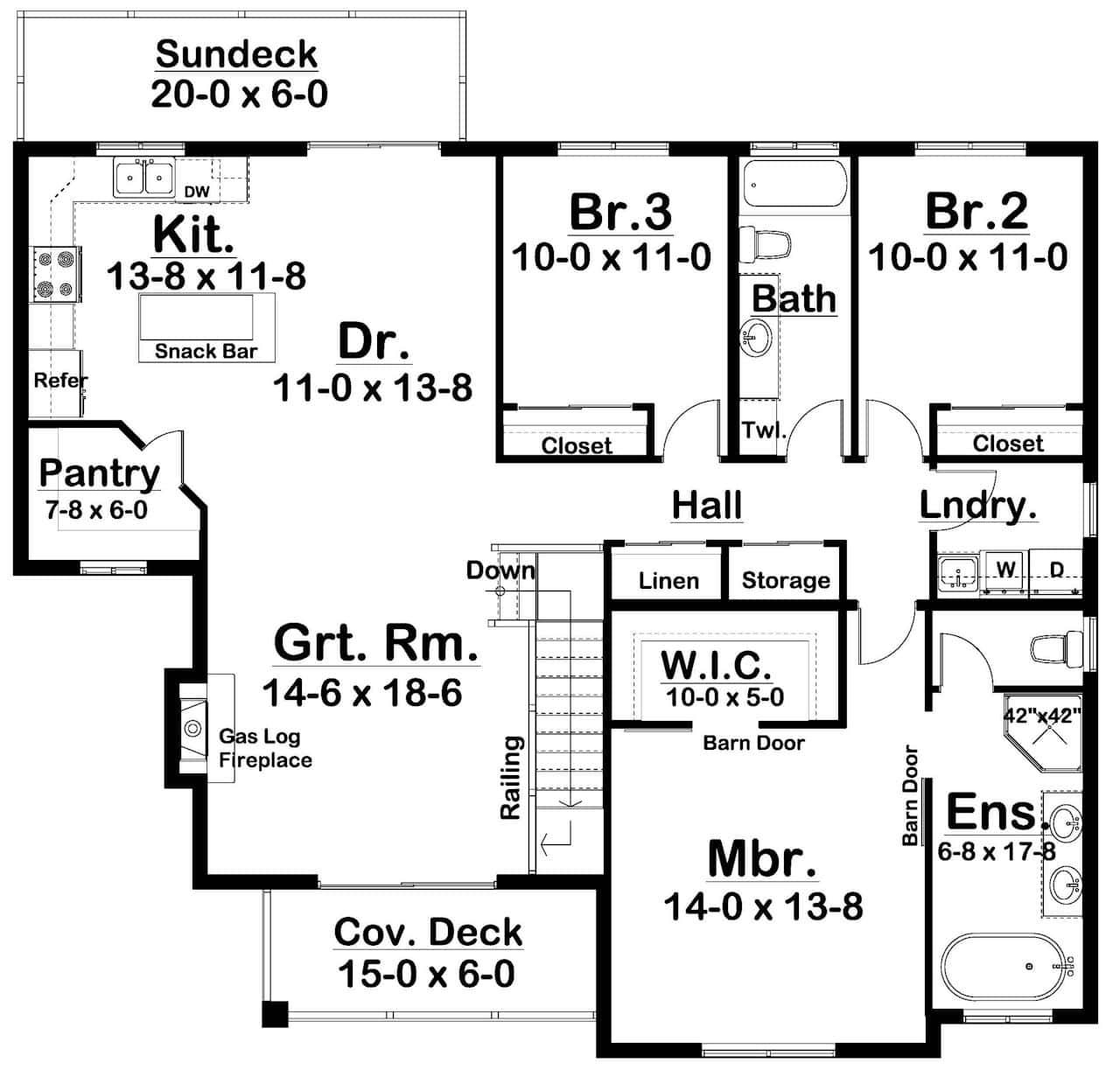 Main Level of Modern Farmhouse Plan #177-1068