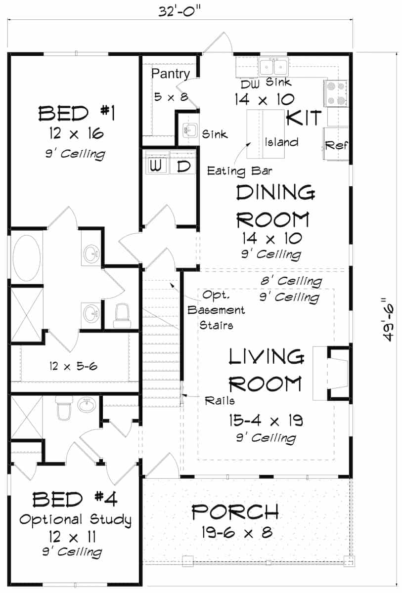 Floor Plan Main Level of Cottage Plan #178-1385
