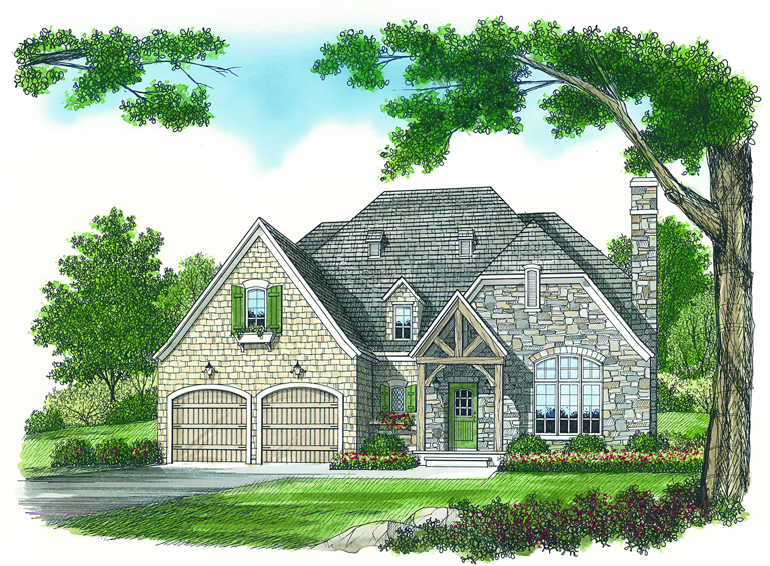 Front elevation of French country style home (ThePlanCollection: House Plan #180-1005)