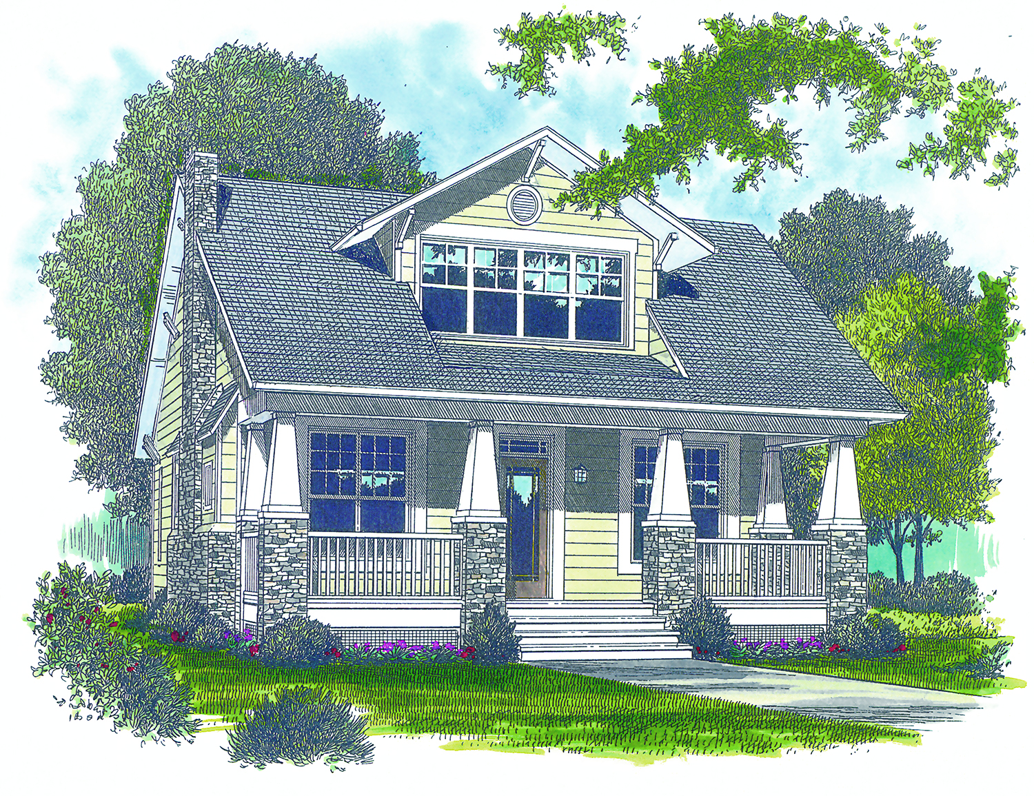 Front elevation of bungalow home (ThePlanCollection: House Plan #180-1007)