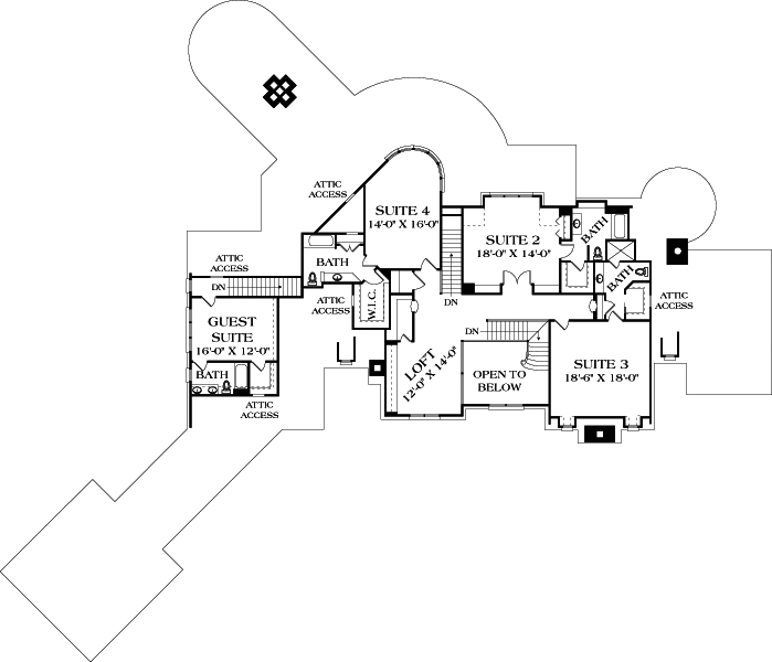Floor Plan Second Story of European Plan #180-1031
